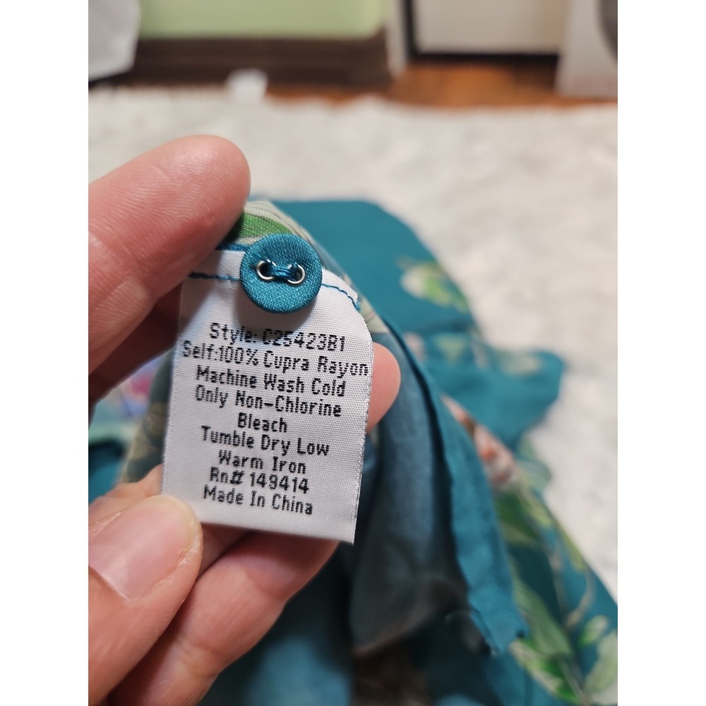 JOHNY WAS ROMANO Flower Ceres Shirt Large Teal Floral Cupra Rayon Button Down - Picture 7 of 9